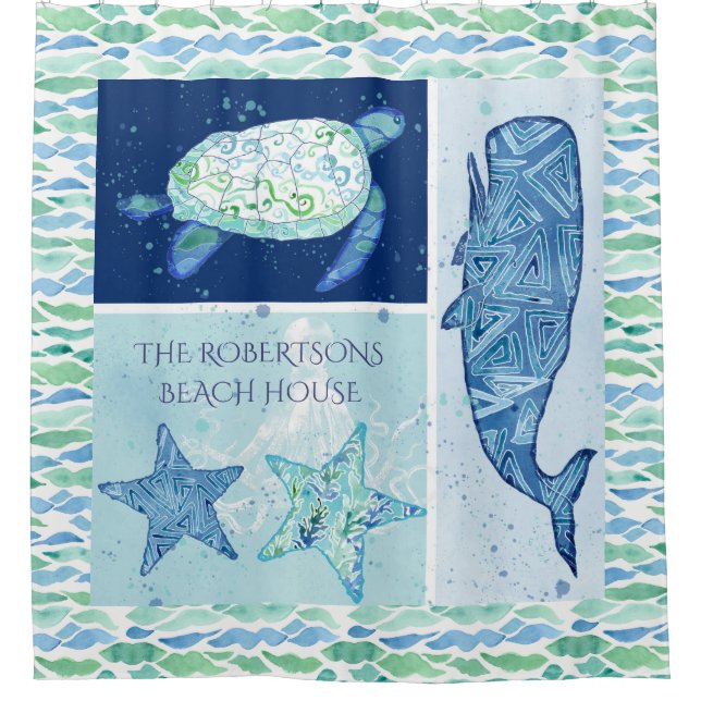 Bed in Breakfast Beach Ocean Whale Starfish Turtle Duschvorhang (Vorderseite)
