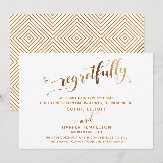 Bedauerlich stornierte Wedding Gold Calligraphy Ca Einladung (Vorne/Hinten)