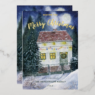 Bedeckte festliche Hütte mit Aquarellschnee Folien Feiertagskarte