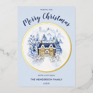 Bedeckter Wasserfarbenschnee Vintage Hütte Folien Feiertagskarte