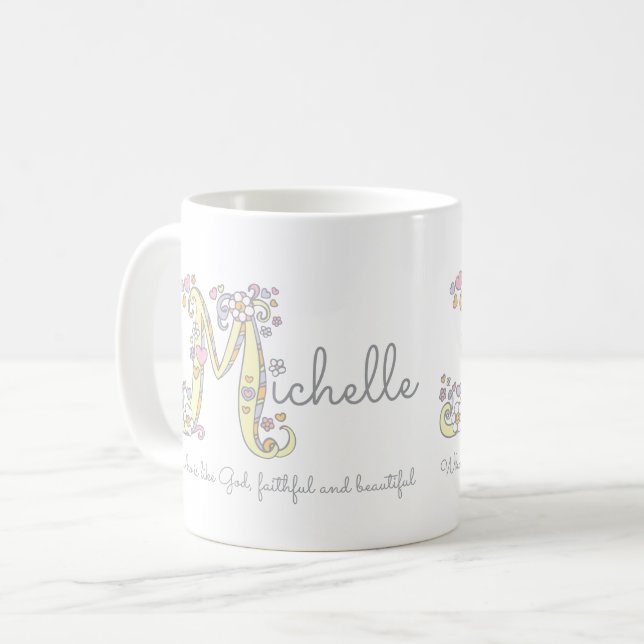 BEDEUTUNGS-Monogramm-Tasse Michelle-Buchstaben M Tasse (Vorderseite Links)