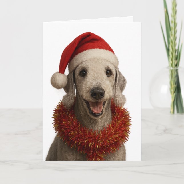 Bedlington Terrier in a Santa hat Christmas card Karte (Vorderseite)