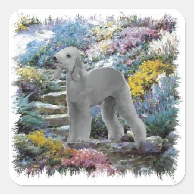 Bedlington Terrier Summer Garden Quadratischer Aufkleber (Vorderseite)