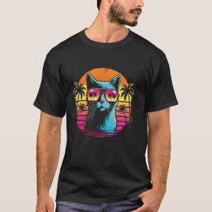 Bedrängte Retro-Palmsonnenuntergang-Feline-Vibes-K T-Shirt