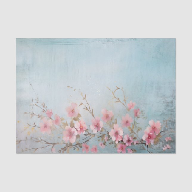 Bedrängte rosa Blumenzweige auf Hellblau Seidenpapier (Vorderseite)