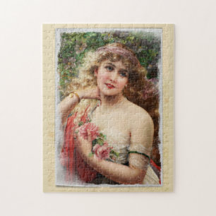 Bedrängte viktorianische Frau mit rosa Rosen Puzzle