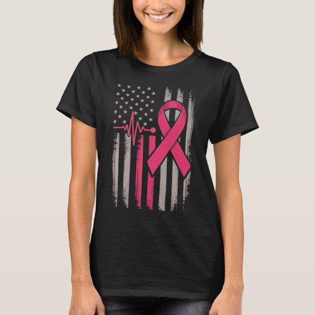 Bedrückte amerikanische Flagge rosa Ribbon Brustkr T-Shirt (Vorderseite)
