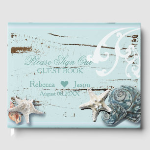 Bedrückte Hochzeit von Wood Beach Blue Seashell Gästebuch