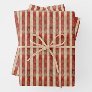 Bedrückte Motive auf Rot- und Elfenbeinstreifen Geschenkpapier Set