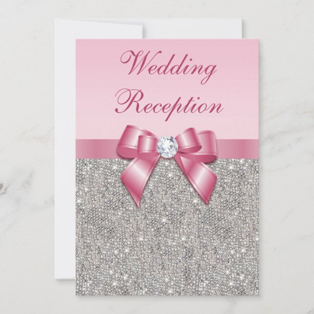 Bedruckte Silver Sequins rosa Bow Hochzeitsempfang Einladung (Vorderseite)