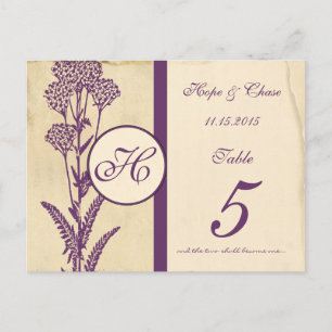 Bedruckte Vintage-Lila-Blumen-Tischnummernkarte Postkarte