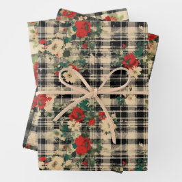 Bedrückte Weihnachten Kariert Florals Black Red Be Geschenkpapier Set