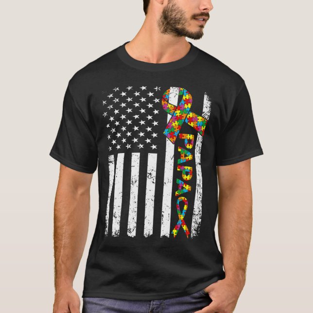 Bedrückter Autismus Papa American Flag Familie Mat T-Shirt (Vorderseite)
