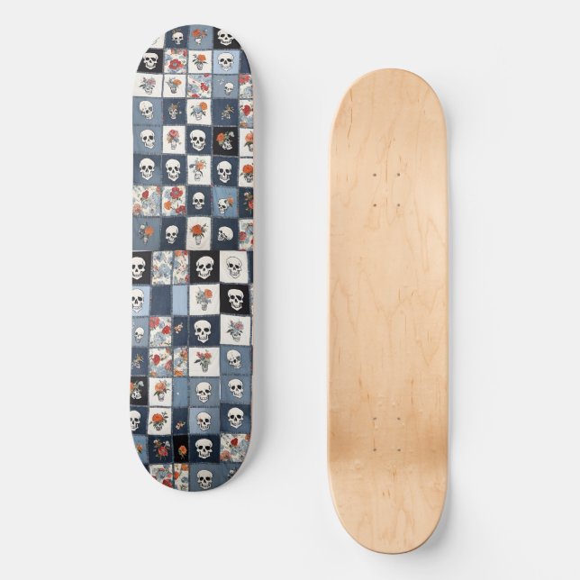 Bedrückter Denim Patchwork Skulls Floral Skateboard (Vorderseite)