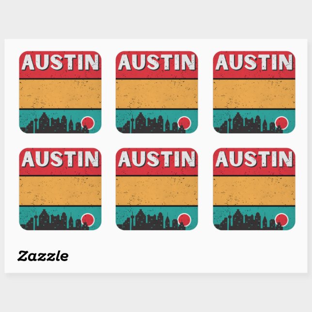 Bedrückter Retro Austin Texas City Staat Skyline Quadratischer Aufkleber (Blatt)