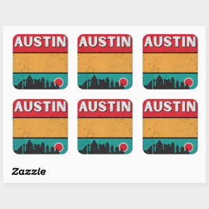 Bedrückter Retro Austin Texas City Staat Skyline Quadratischer Aufkleber