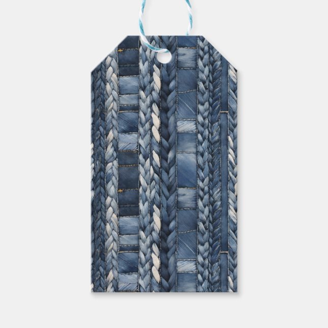 Bedrückter und geflochtener Blauer Jean Denim Geschenkanhänger (Vorderseite)
