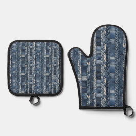 Bedrückter und geflochtener Blauer Jean Denim Ofenhandschuh & Topflappen-Set