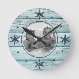 Bedrücktes Blue Beach Wood Starfish Foto Runde Wanduhr