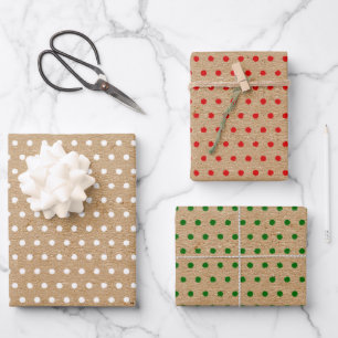 Bedrucktes Rot Grün Weiß Punkte Faux Braun Kraft Geschenkpapier Set
