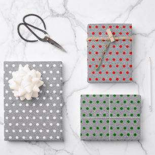 Bedrucktes Rot Grün Weiß Punkte Faux Grau Kraft Geschenkpapier Set