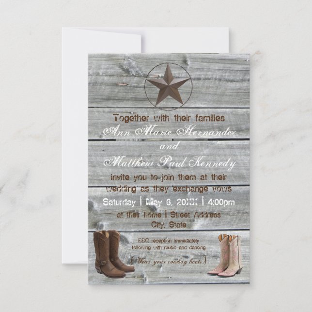 Bedrücktes Wood Cowboy Boots-3x5Wedding Einladung (Vorderseite)