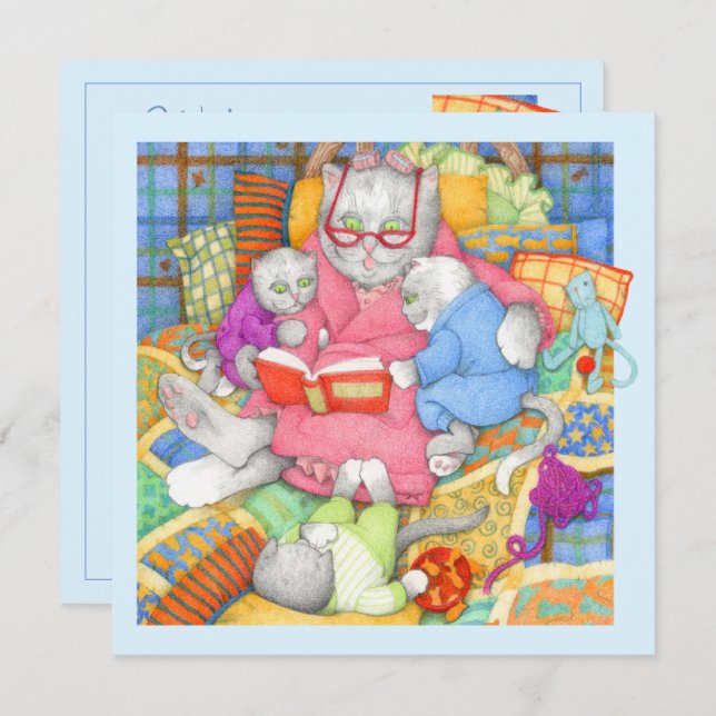 BEDTIME STORY Square Flat Birthday Card / Blau Karte (Vorne/Hinten)