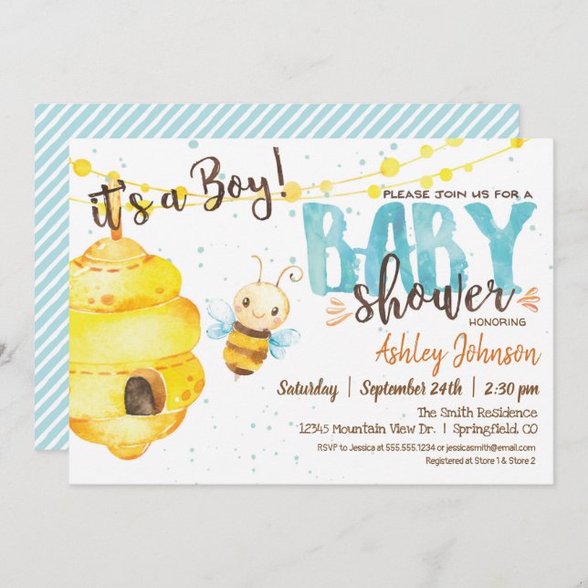 Bee Baby Shower Einladung, Boy Einladung (Vorne/Hinten)