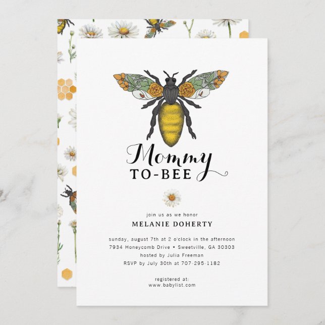 Bee Baby Shower Einladung | Wildblume Floral Hon (Vorne/Hinten)