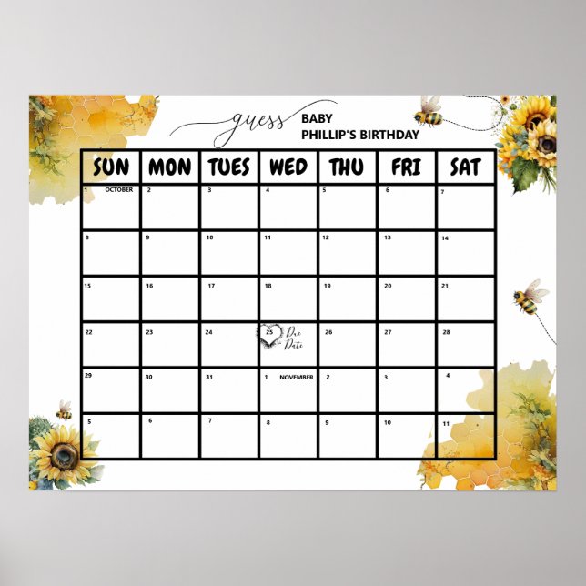 Bee Baby Shower | Fälligkeitsdatum Poster (Vorne)
