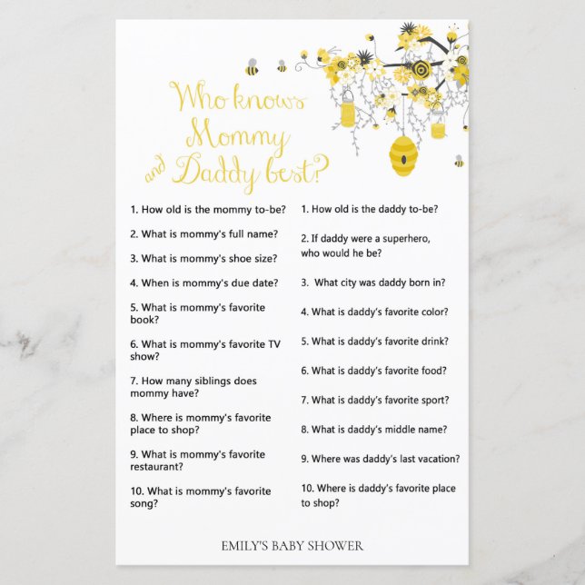 Bee Baby Shower Game - Wer weiß Papa & Mama (Vorderseite)