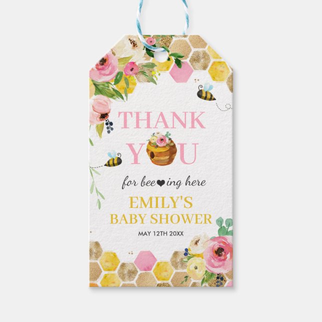 Bee Baby Shower Mommy zu sein rosa Frühling Blüte Geschenkanhänger (Vorderseite)