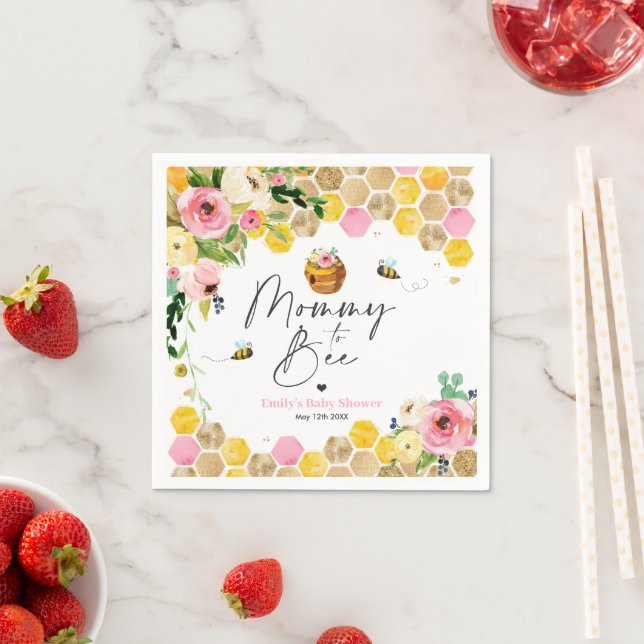 Bee Baby Shower Mommy zu sein rosa Frühling Blüte Serviette (Beispiel)