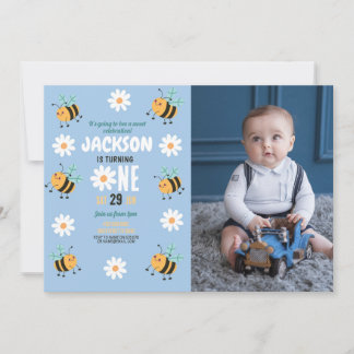 Bee Birthday Foto Party Daisy Blue Boys Einladung
