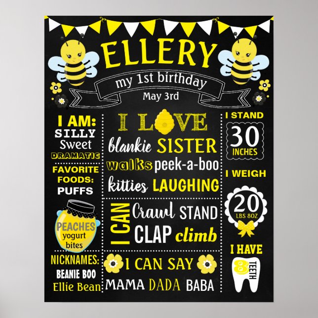 Bee Birthday Party Chalkboard Schild Plakat (Vorne)