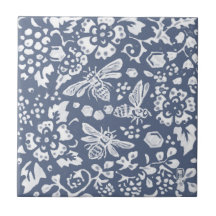 Bee Blue White Botanical Floral Delft Denim