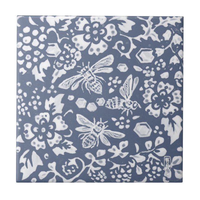 Bee Blue White Botanical Floral Delft Denim Fliese (Vorderseite)