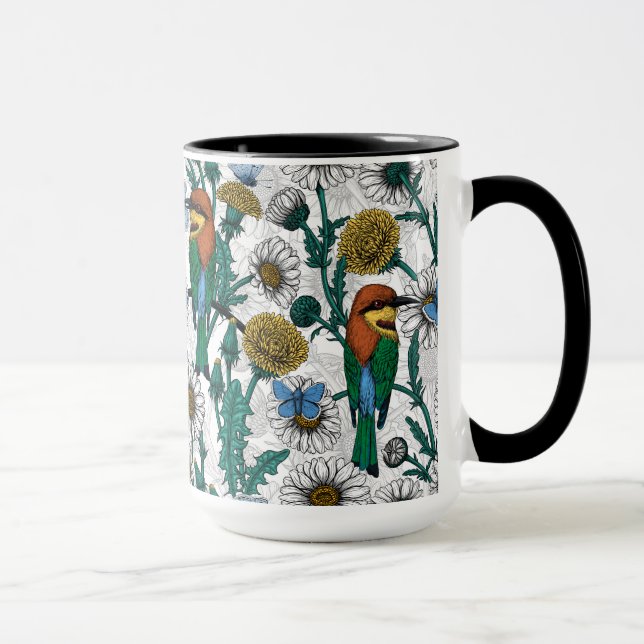 Bee-eaters, blue butterflies and daisies on white tasse (Rechts)
