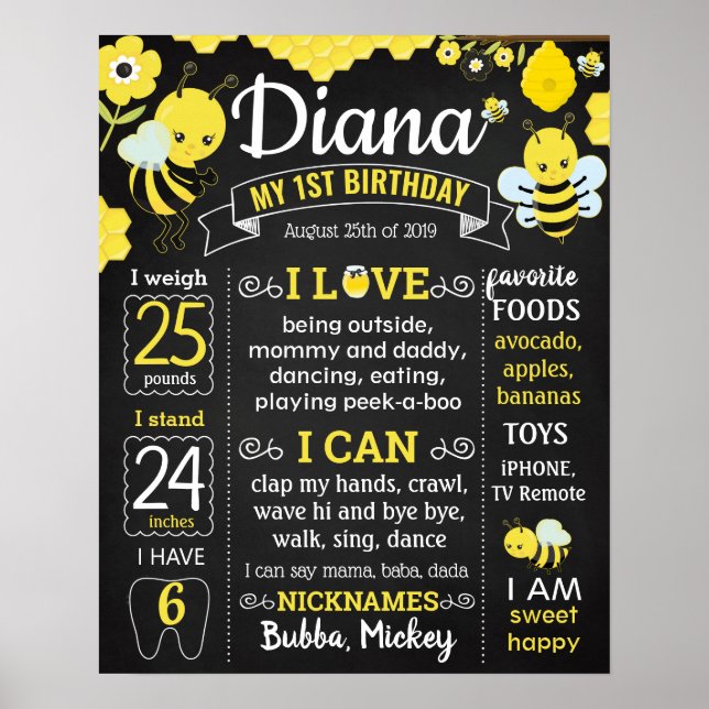 Bee First Birthday Party Chalkboard Junge Mädchen Poster (Vorne)