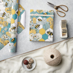 Bee Floral Honeycomb Muster mit Daisies Geschenkpapier