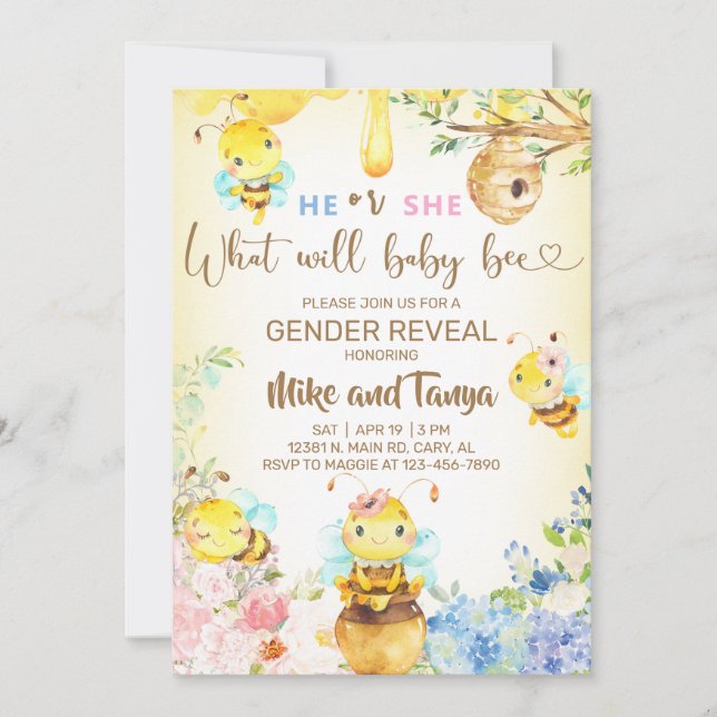 Bee gender reveal invite, bumblebee, honeybee. einladung (Vorderseite)