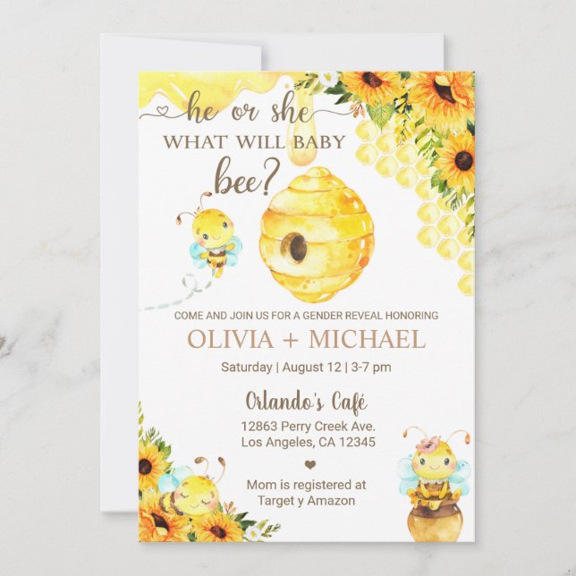 Bee gender reveal invite, bumblebee, honeybee. einladung (Vorderseite)