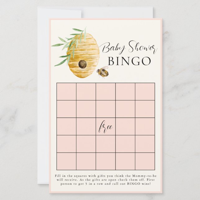 Bee Girl Baby Shower Blush Pink Bingo Game Card (Vorderseite)