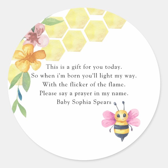  Bee girl baby shower - Prayer candle label Runder Aufkleber (Vorderseite)