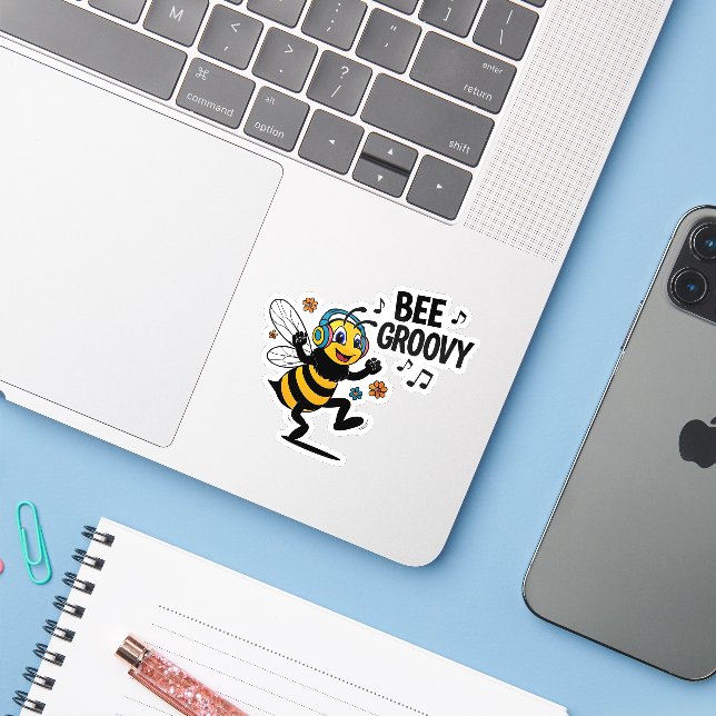 Bee Groovy Sticker (Laptop mit iPhone)