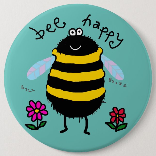 Bee Happy Bee Cartoon Button Abzeichen (Vorderseite)