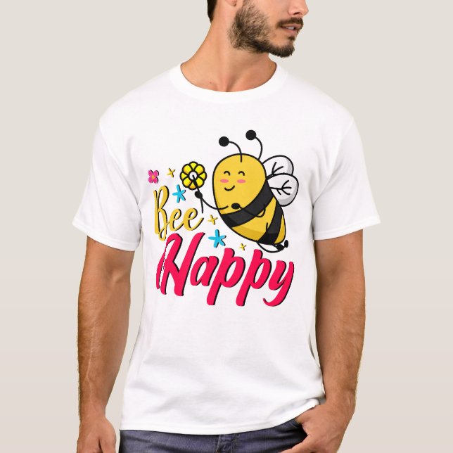 Bee Happy Blume Cartoon T-Shirt (Vorderseite)