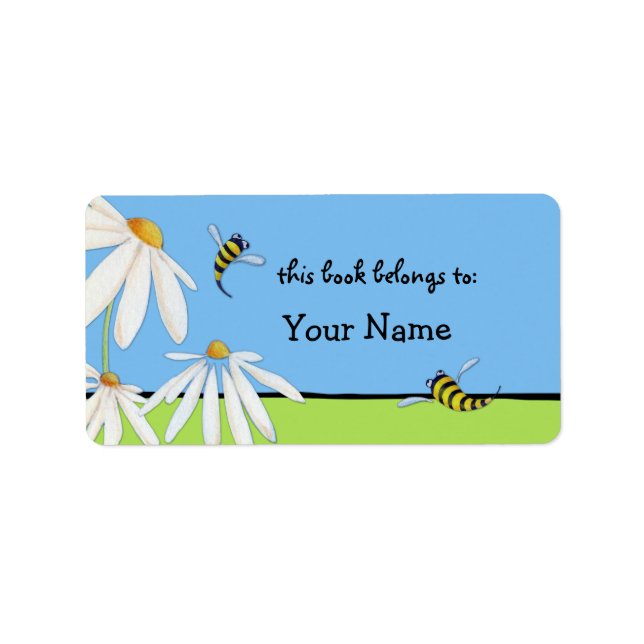 Bee Happy Daisies Buchzeichen Label Adressaufkleber (Vorne)