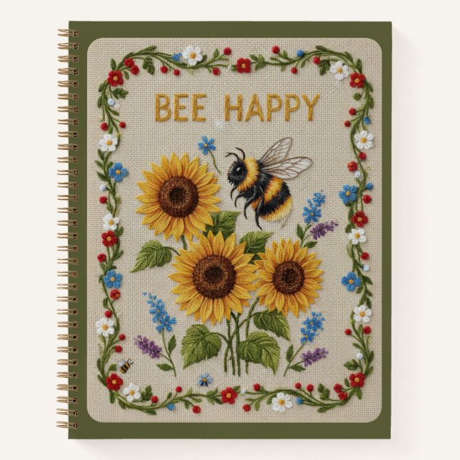Bee Happy Embroidered Bumblebee &Sunflowers Floral Notizbuch (Vorderseite)