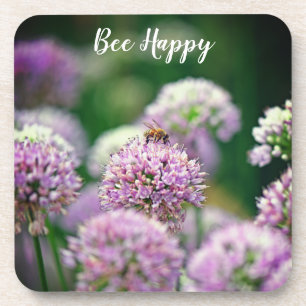 Bee Happy Jubiläum mit Lila Allium-Blume Getränkeuntersetzer